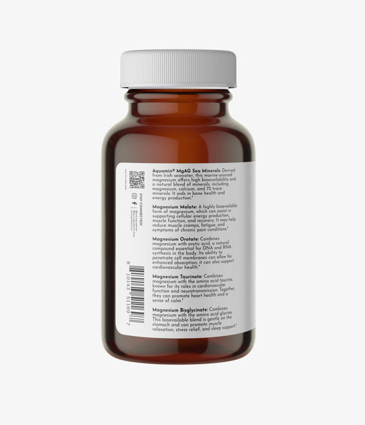 Just Ingredients magnesium capsules closeup highlighting mood and sleep support.