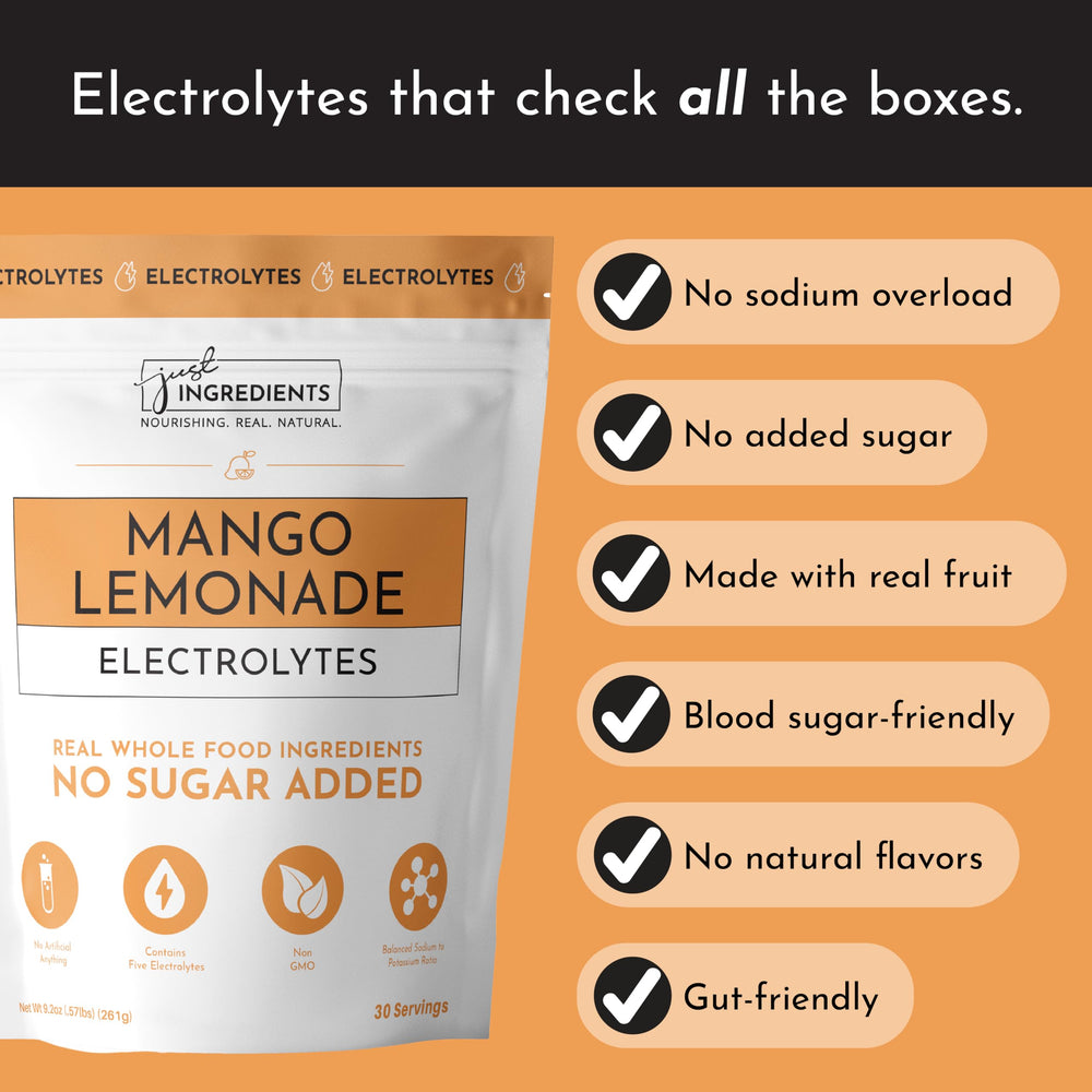 JUST INGREDIENTS Mango Lemonade Electrolyte Drink Mix for athletes, easy prep after training.