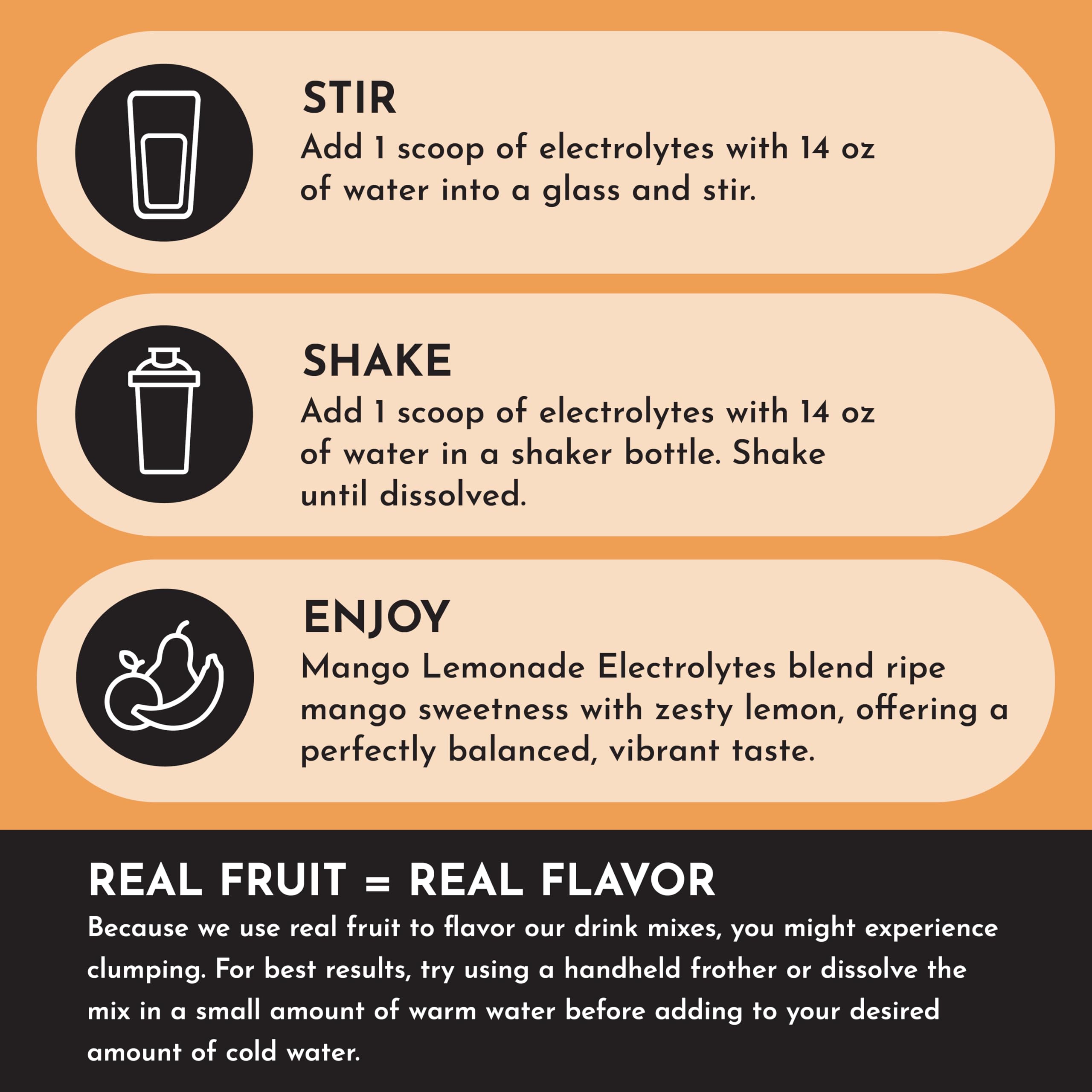 JUST INGREDIENTS Mango Lemonade Electrolyte Drink Mix coconut water and minerals, natural hydration support.