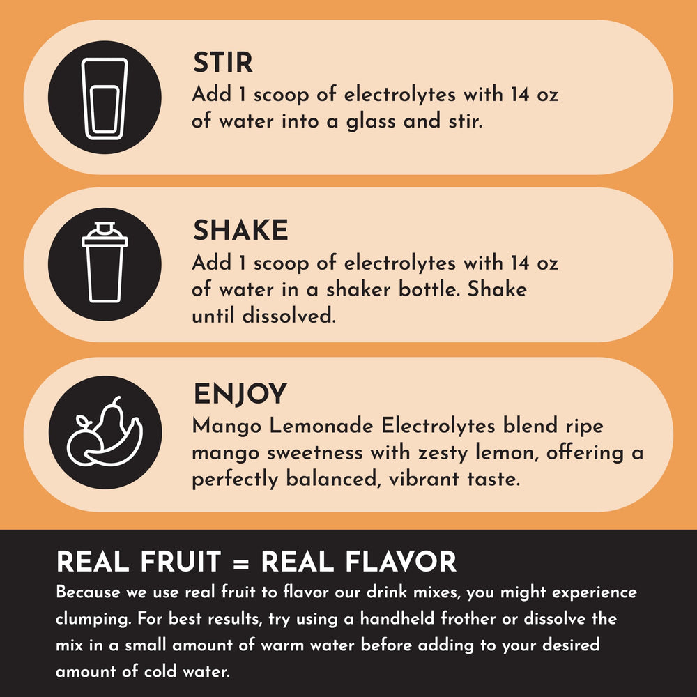 JUST INGREDIENTS Mango Lemonade Electrolyte Drink Mix coconut water and minerals, natural hydration support.