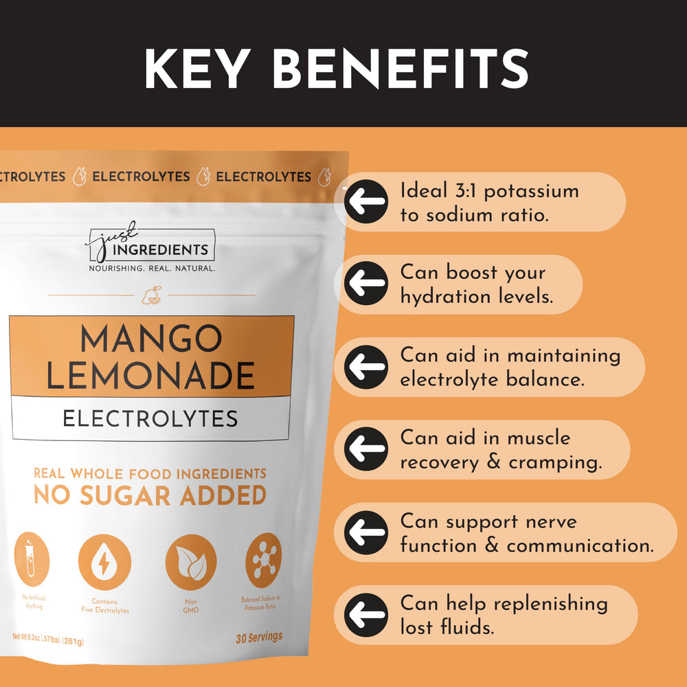 JUST INGREDIENTS Mango Lemonade Electrolyte Drink Mix glass of prepared drink, flavorful and refreshing.