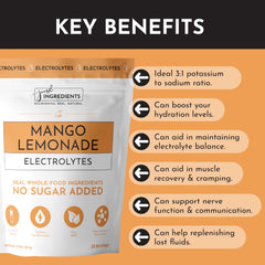 JUST INGREDIENTS Mango Lemonade Electrolyte Drink Mix glass of prepared drink, flavorful and refreshing.