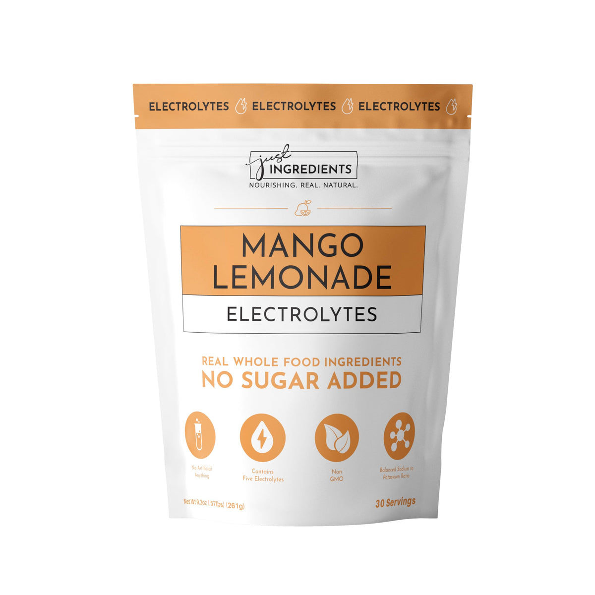 JUST INGREDIENTS Mango Lemonade Electrolyte Drink Mix tub front, refreshing hydration for workouts.