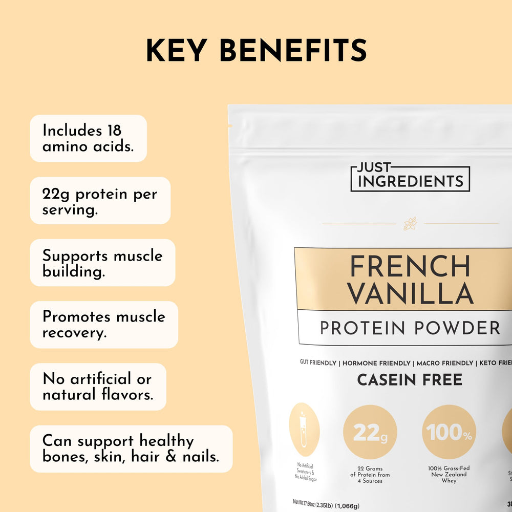 JUST INGREDIENTS measuring scoop in package; ready-to-use protein for snacks.