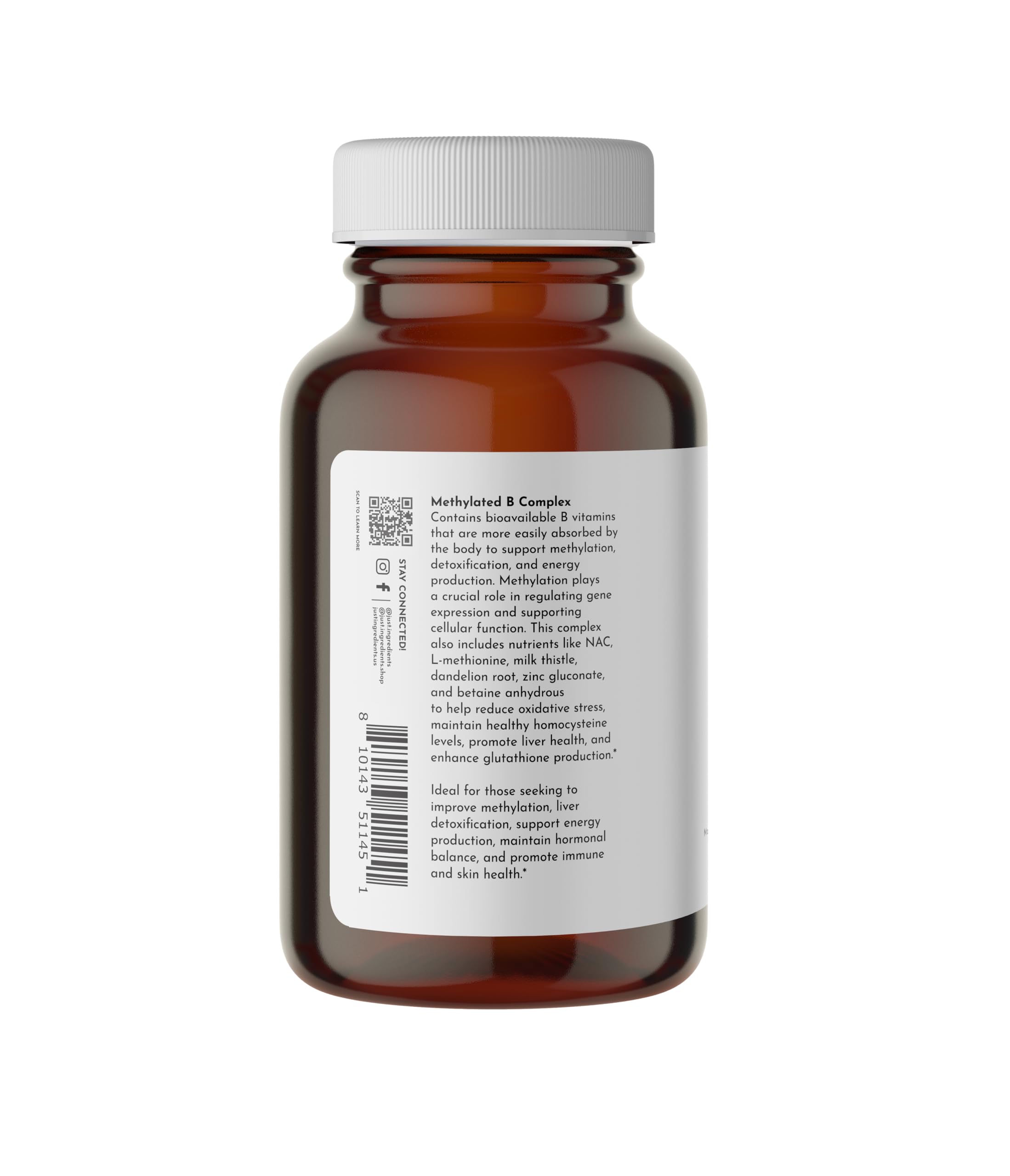 JUST INGREDIENTS Methylated B Complex capsules close-up for steady daily energy
