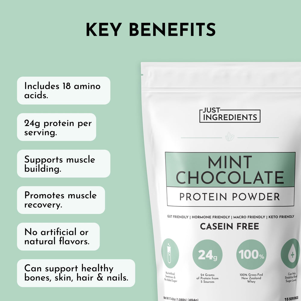 JUST INGREDIENTS Mint Chocolate powder texture closeup shows creamy, lump-free consistency for shakes