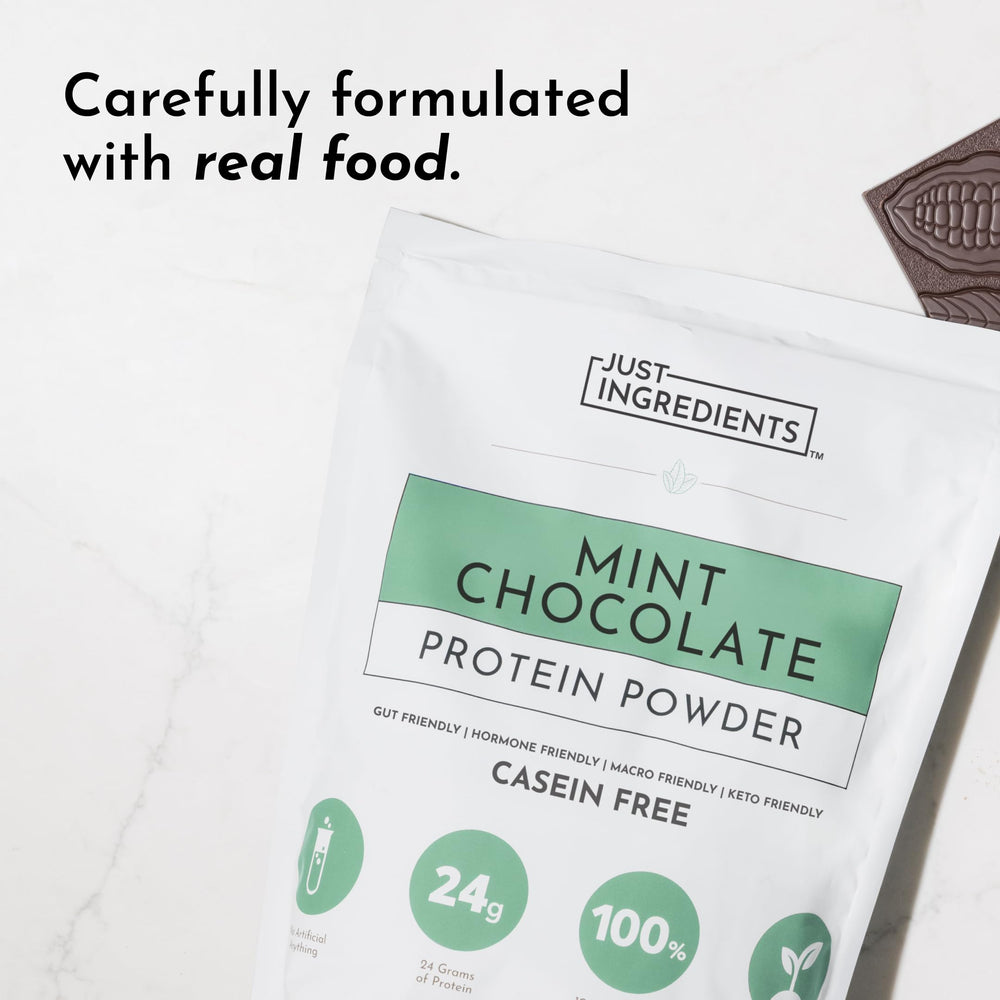 JUST INGREDIENTS Mint Chocolate Protein Cocoa closeup emphasizes rich flavor.