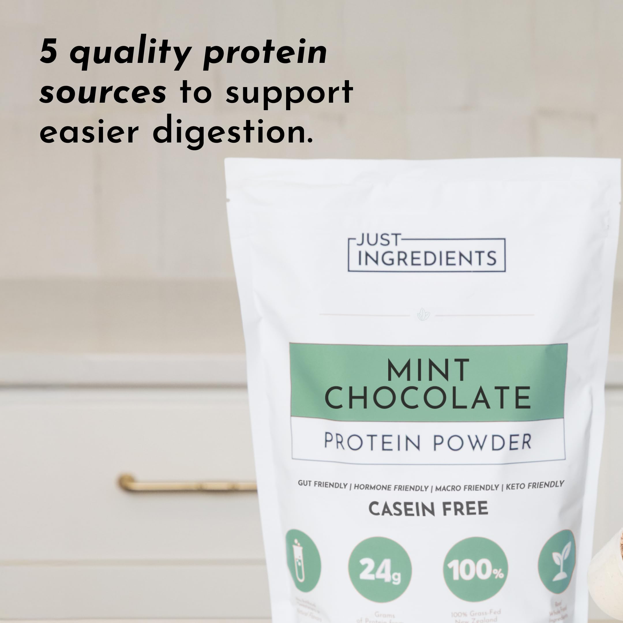 JUST INGREDIENTS Mint Chocolate Protein with collagen icon hints at skin support.