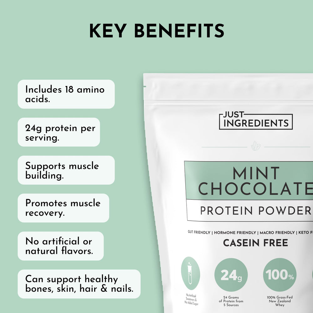 JUST INGREDIENTS Mint Chocolate Protein Ingredients panel highlights clean labels.