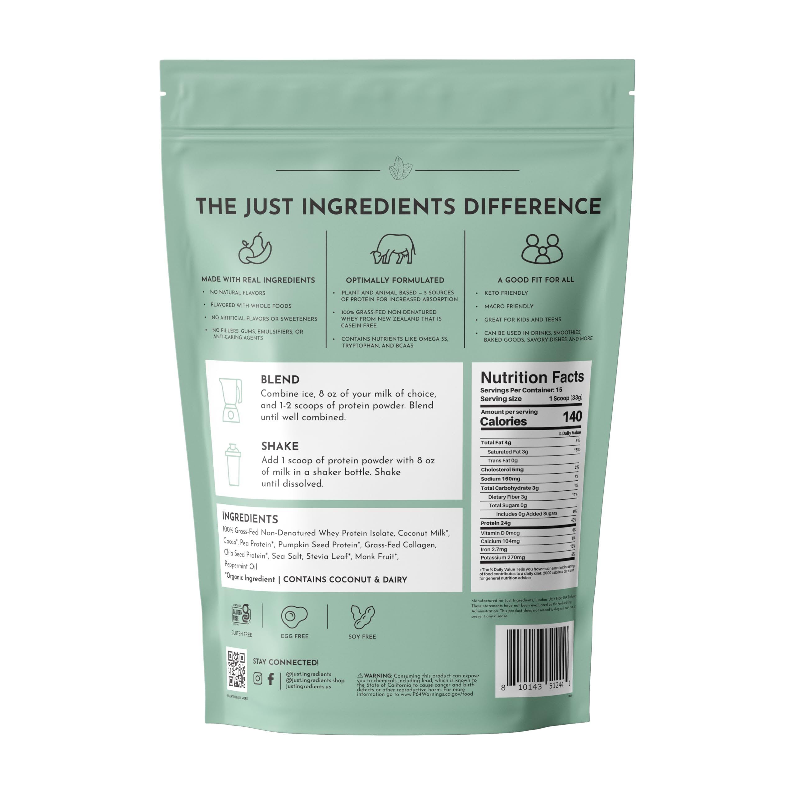 JUST INGREDIENTS Mint Chocolate protein label front emphasizes protein blend and no added sugar