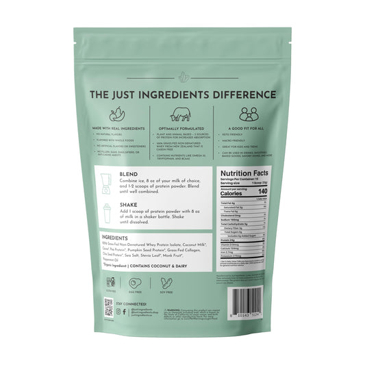 JUST INGREDIENTS Mint Chocolate protein label front emphasizes protein blend and no added sugar