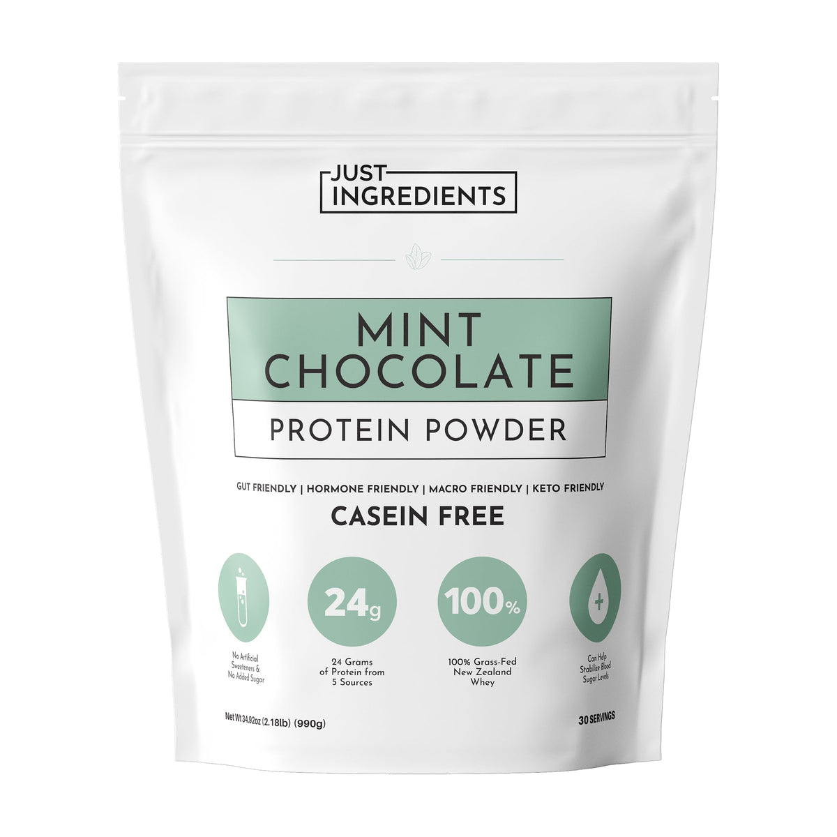 JUST INGREDIENTS Mint Chocolate Protein Powder bag showing real cocoa for a refreshing shake.