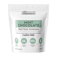 JUST INGREDIENTS Mint Chocolate Protein Powder bag showing real cocoa for a refreshing shake.