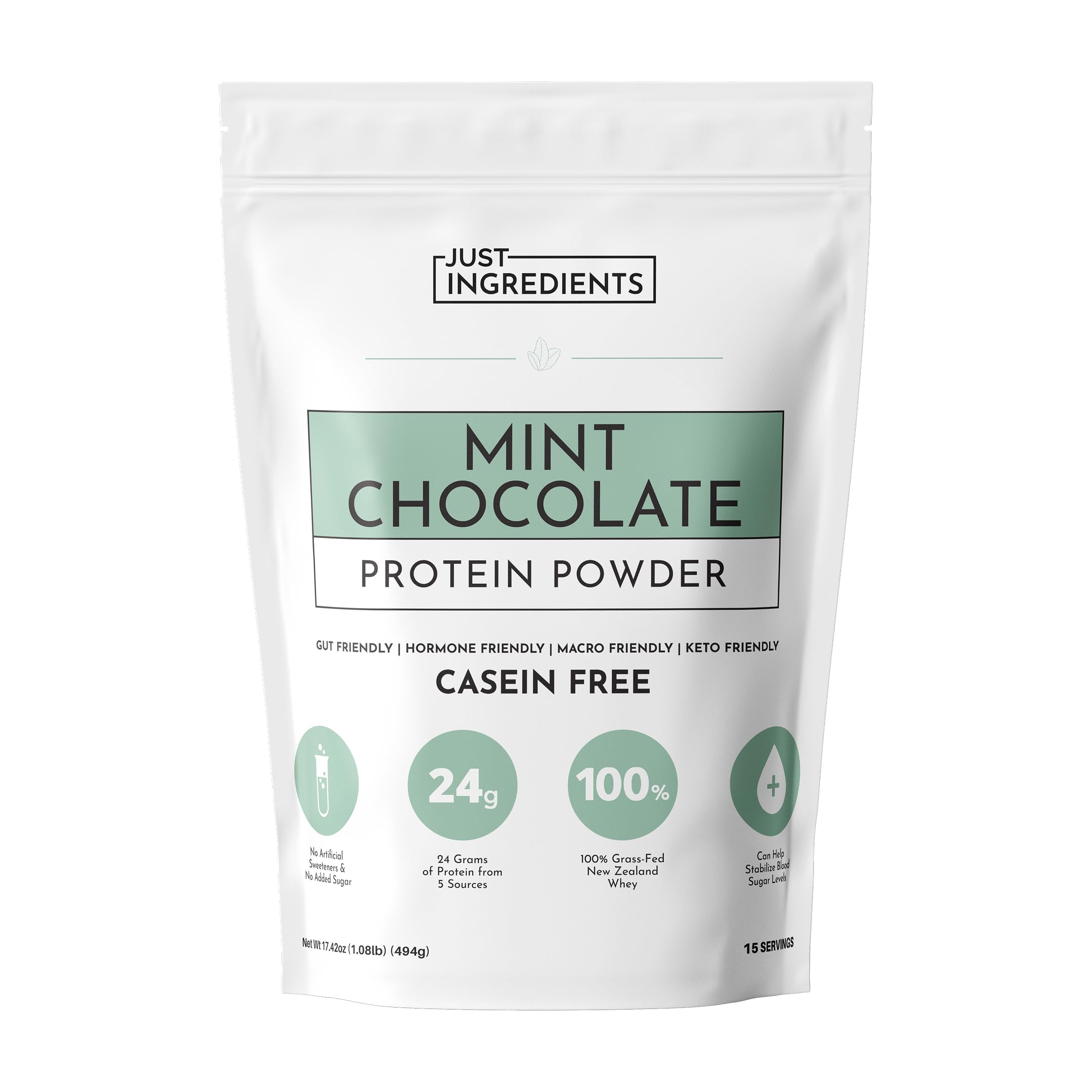 JUST INGREDIENTS Mint Chocolate protein powder jar closeup highlights powder texture ideal for easy mixing