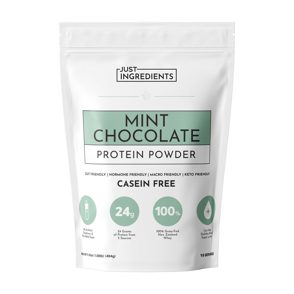 JUST INGREDIENTS Mint Chocolate protein powder jar closeup highlights powder texture ideal for easy mixing