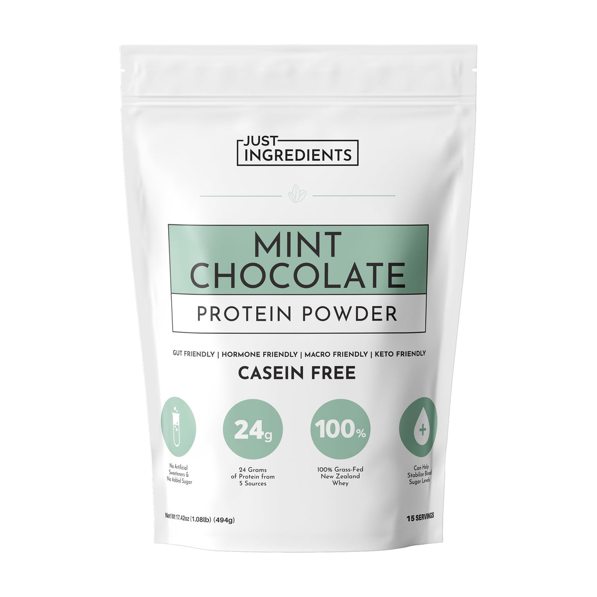 JUST INGREDIENTS Mint Chocolate protein powder jar closeup highlights powder texture ideal for easy mixing