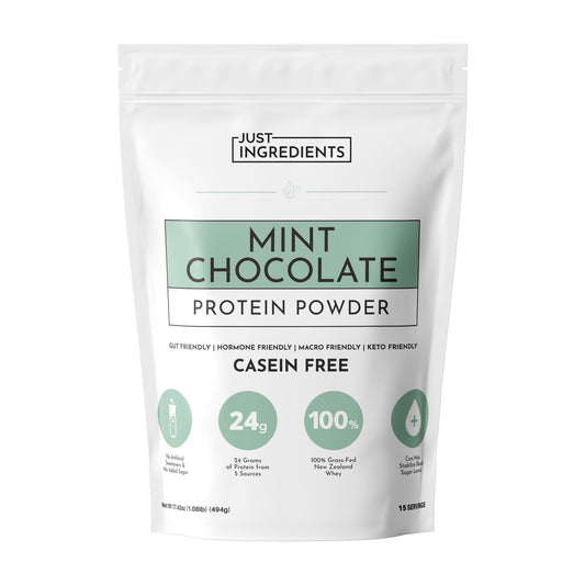 JUST INGREDIENTS Mint Chocolate protein powder jar closeup highlights powder texture ideal for easy mixing
