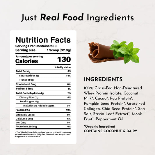 JUST INGREDIENTS Mint Chocolate Protein Powder scoop ready for a 20g serving.