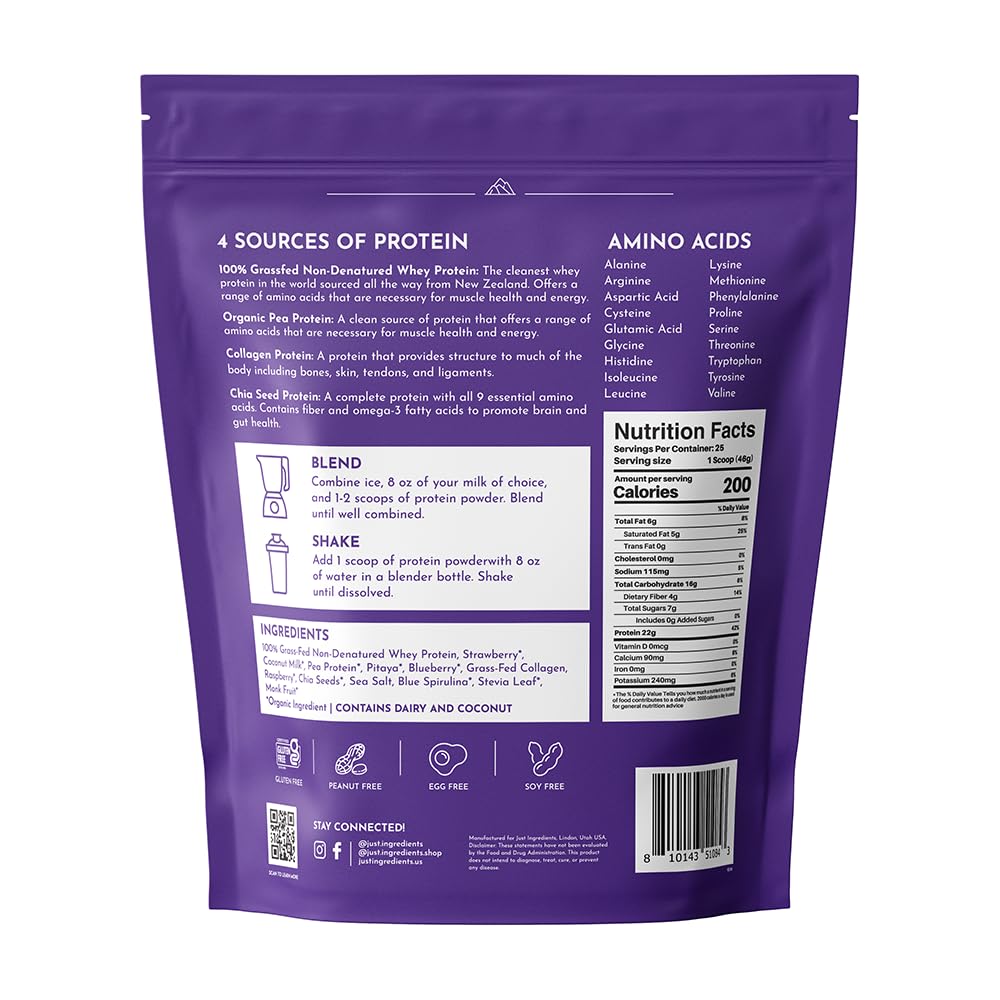 JUST INGREDIENTS Mountain Berry Protein Powder bottle on wood emphasizes premium quality