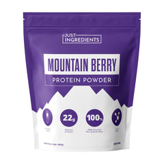 JUST INGREDIENTS Mountain Berry Protein Powder front label shows clean ingredients and transparency