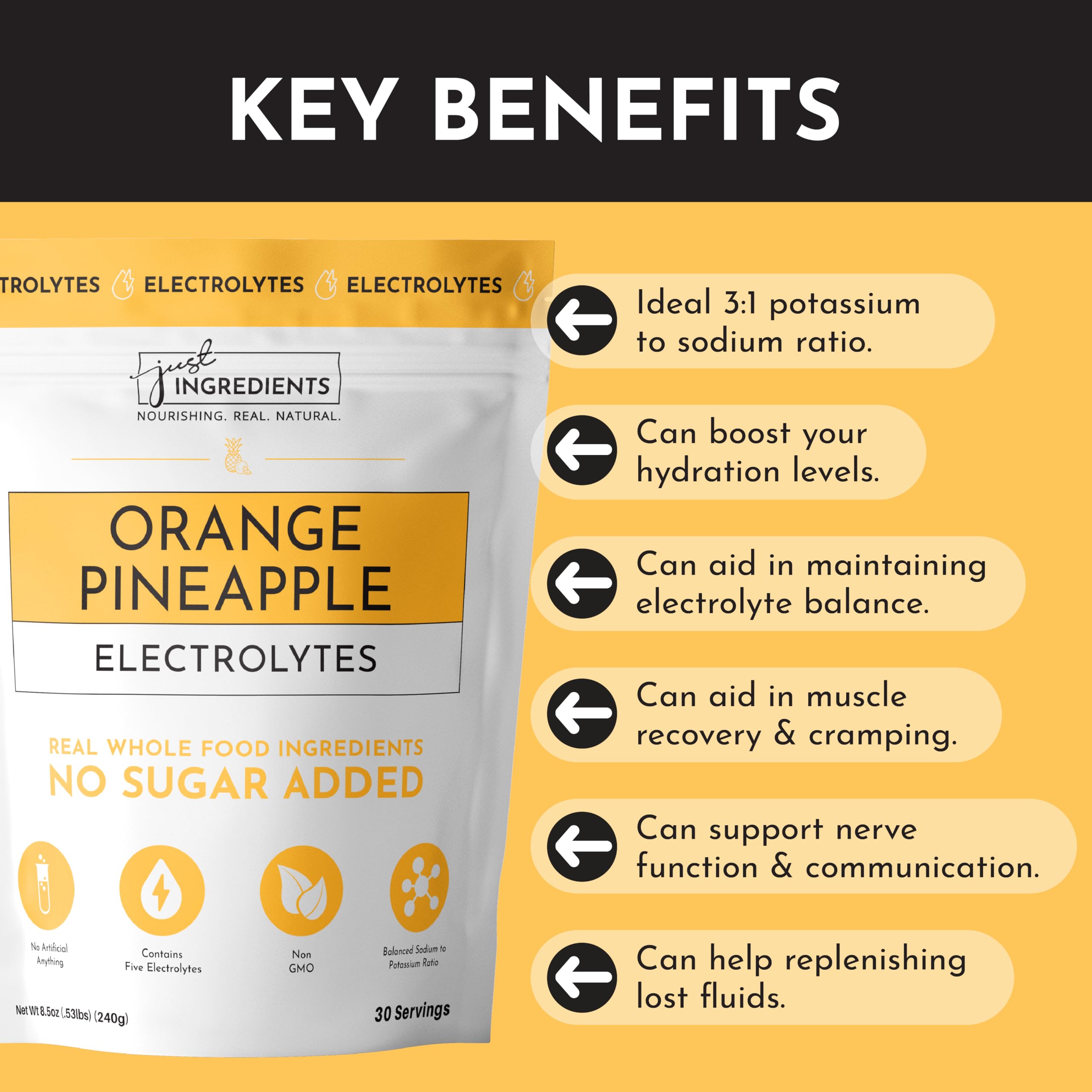 Just Ingredients Orange Pineapple Electrolytes real fruit extracts for vibrant flavor.