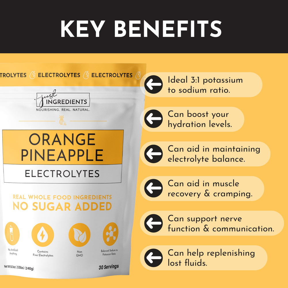 Just Ingredients Orange Pineapple Electrolytes real fruit extracts for vibrant flavor.