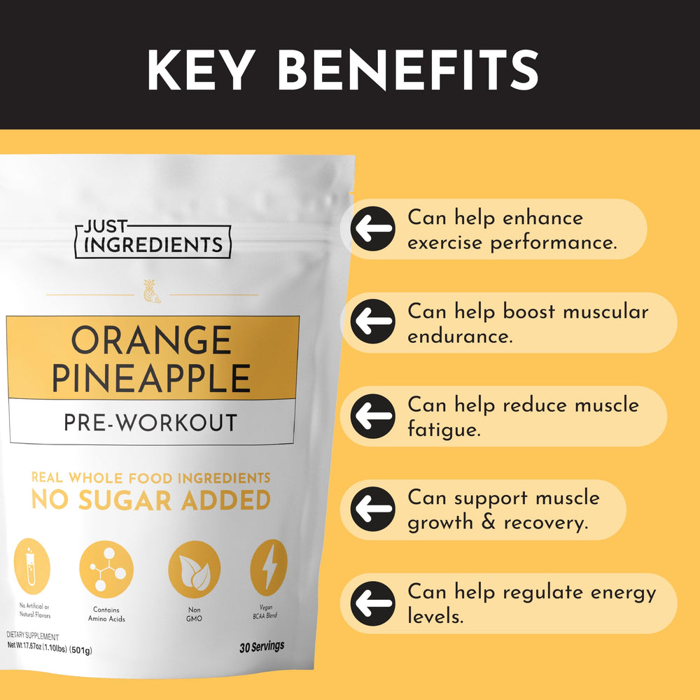 JUST INGREDIENTS Pre-Workout orange-pineapple label closeup highlights caffeine and ingredients.