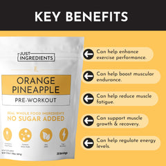 JUST INGREDIENTS Pre-Workout orange-pineapple label closeup highlights caffeine and ingredients.
