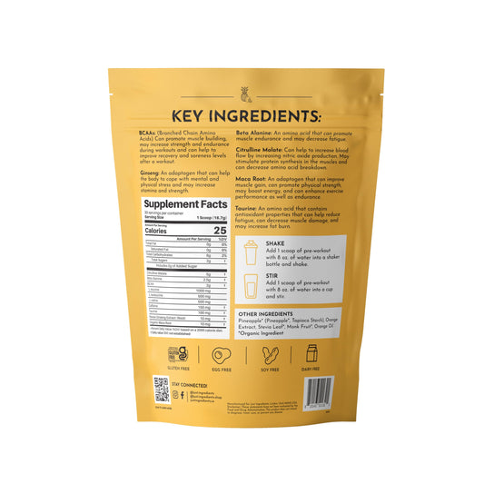 JUST INGREDIENTS Pre-Workout orange-pineapple powder in shaker shows quick mix benefits.