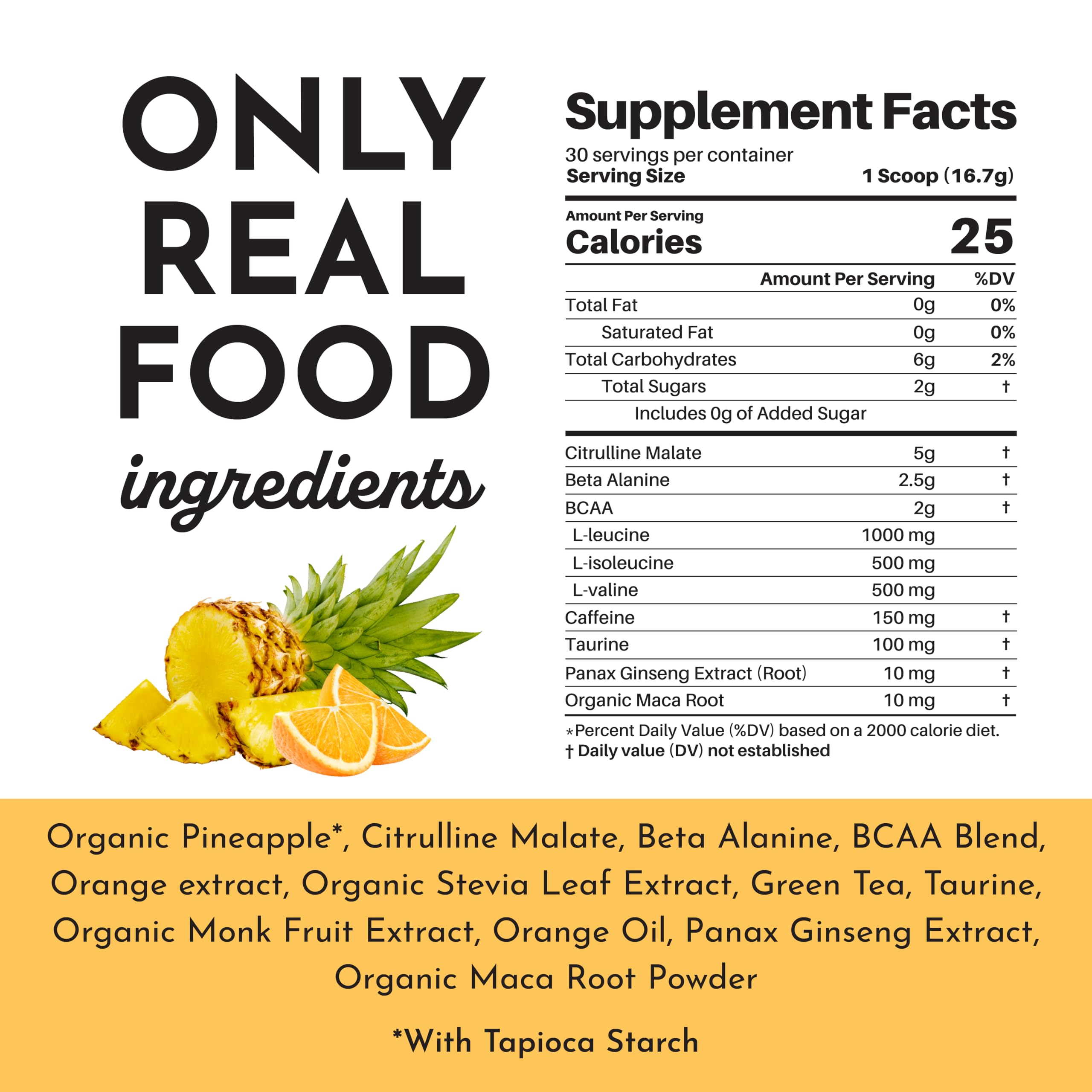 JUST INGREDIENTS Pre-Workout orange-pineapple serving scoop illustrates dosing for workouts.