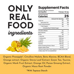 JUST INGREDIENTS Pre-Workout orange-pineapple serving scoop illustrates dosing for workouts.