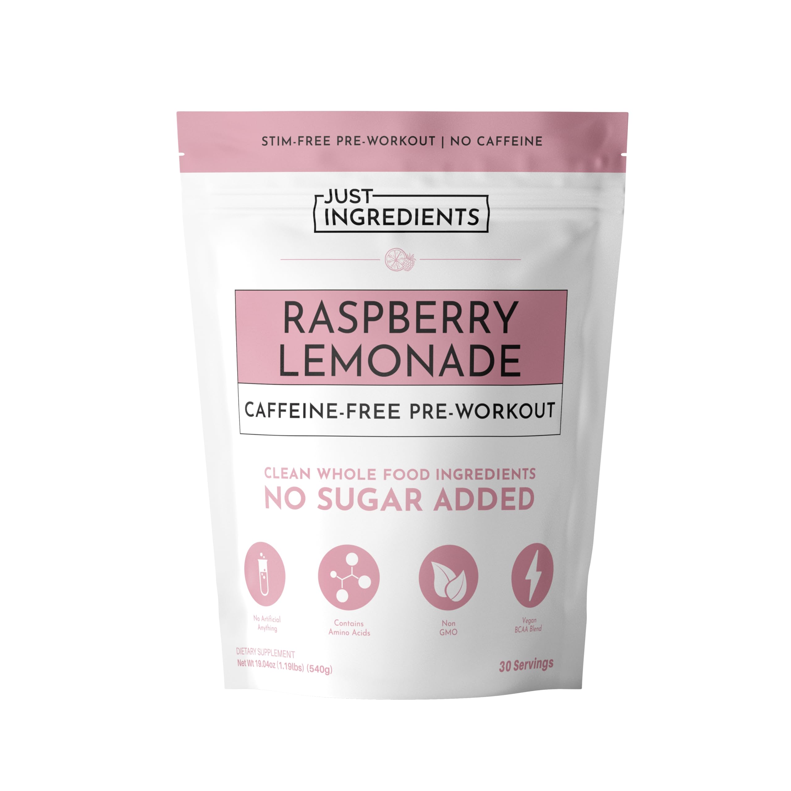 JUST INGREDIENTS pre-workout raspberry lemonade bottle highlights caffeine-free energy