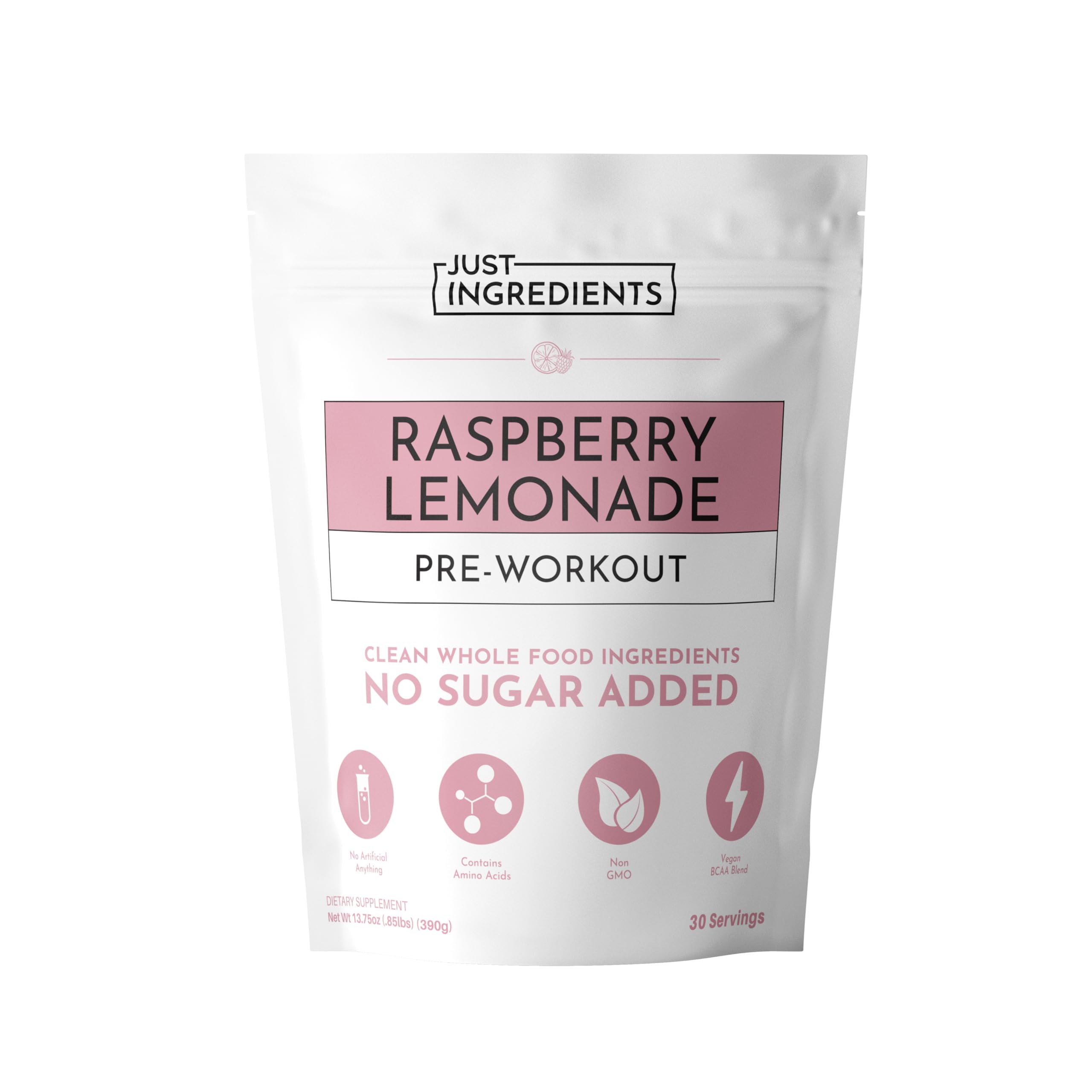 JUST INGREDIENTS pre-workout Raspberry Lemonade bottle ready for training energy