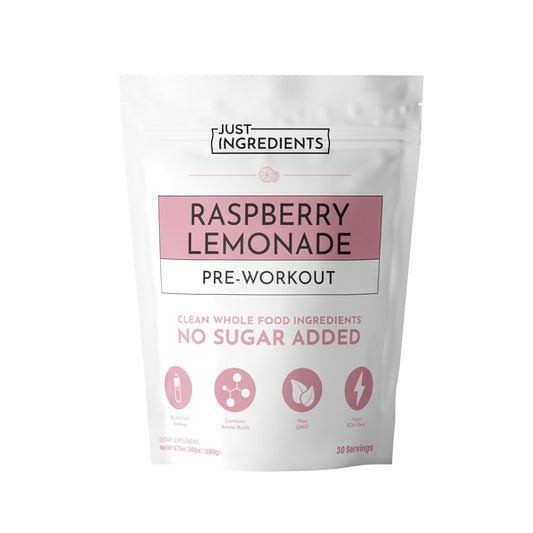 JUST INGREDIENTS pre-workout Raspberry Lemonade bottle ready for training energy