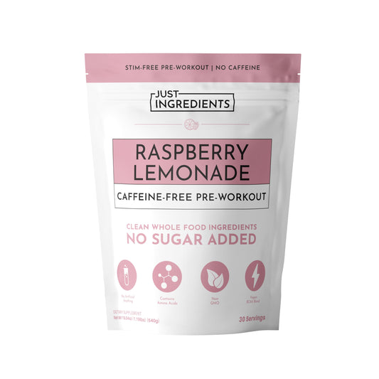 JUST INGREDIENTS pre-workout raspberry lemonade bottle highlights caffeine-free energy