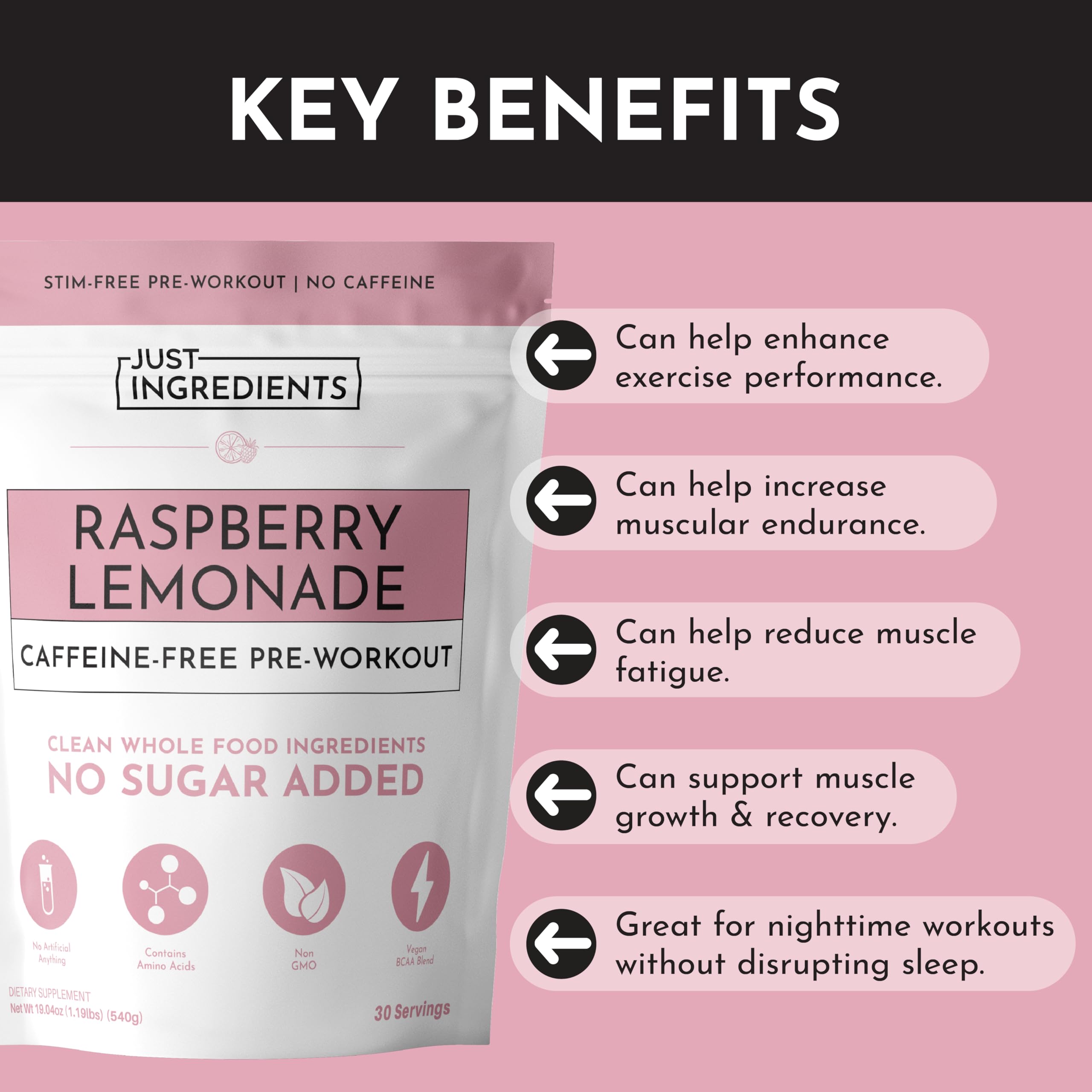 JUST INGREDIENTS pre-workout raspberry lemonade glass shows refreshing mixed drink for workouts