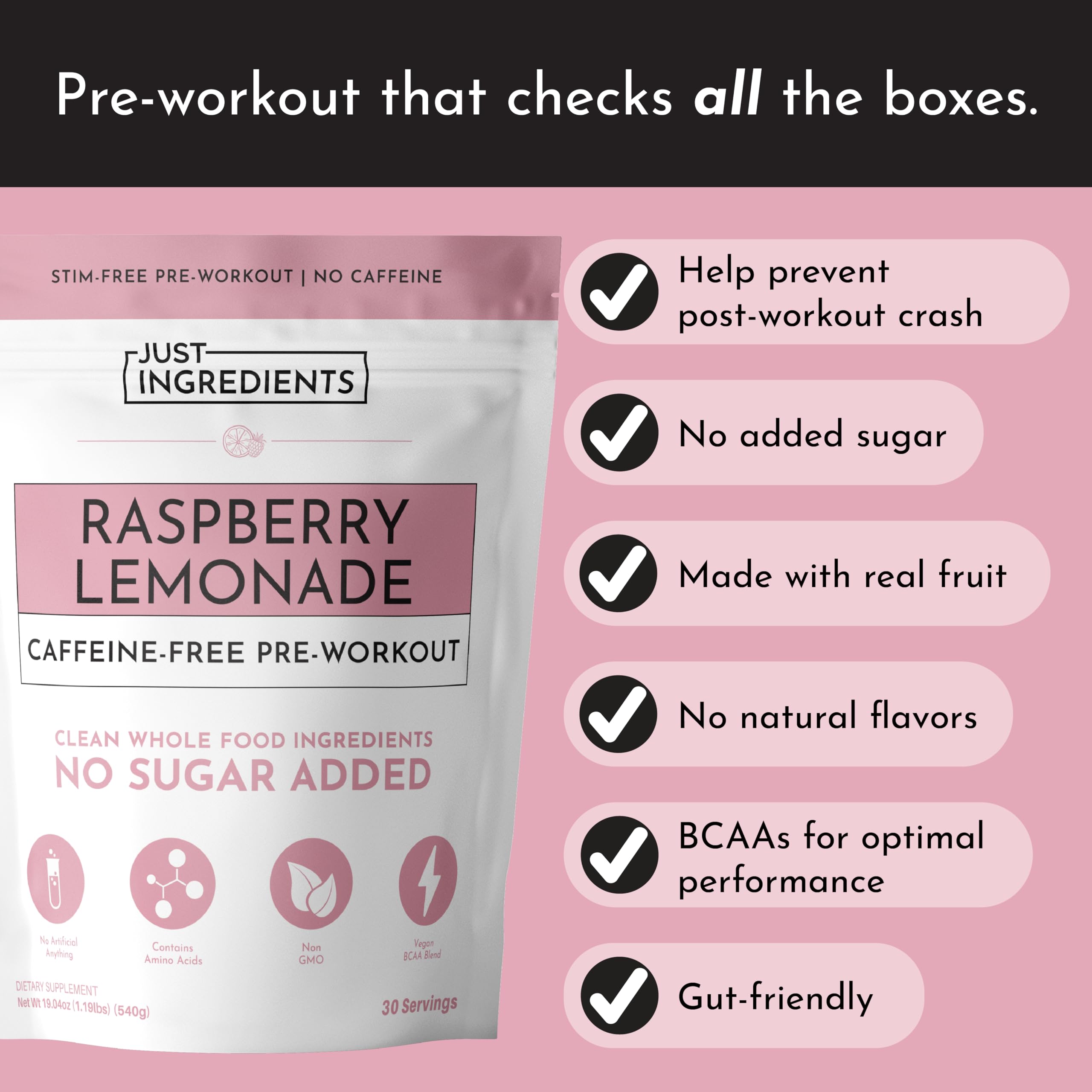 JUST INGREDIENTS pre-workout raspberry lemonade organic-certification badge communicates clean ingredients