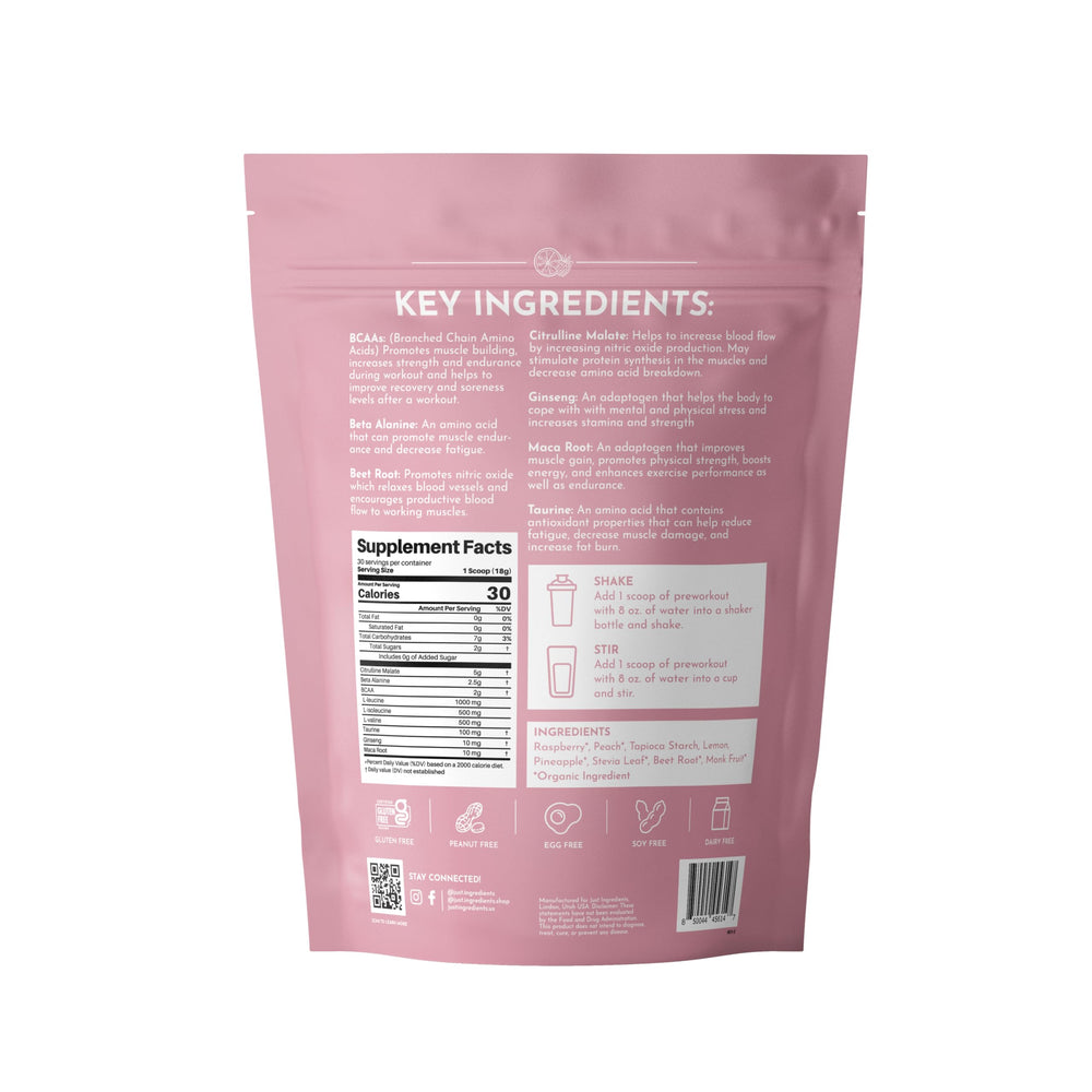 JUST INGREDIENTS pre-workout raspberry lemonade powder scoop demonstrates convenient serving