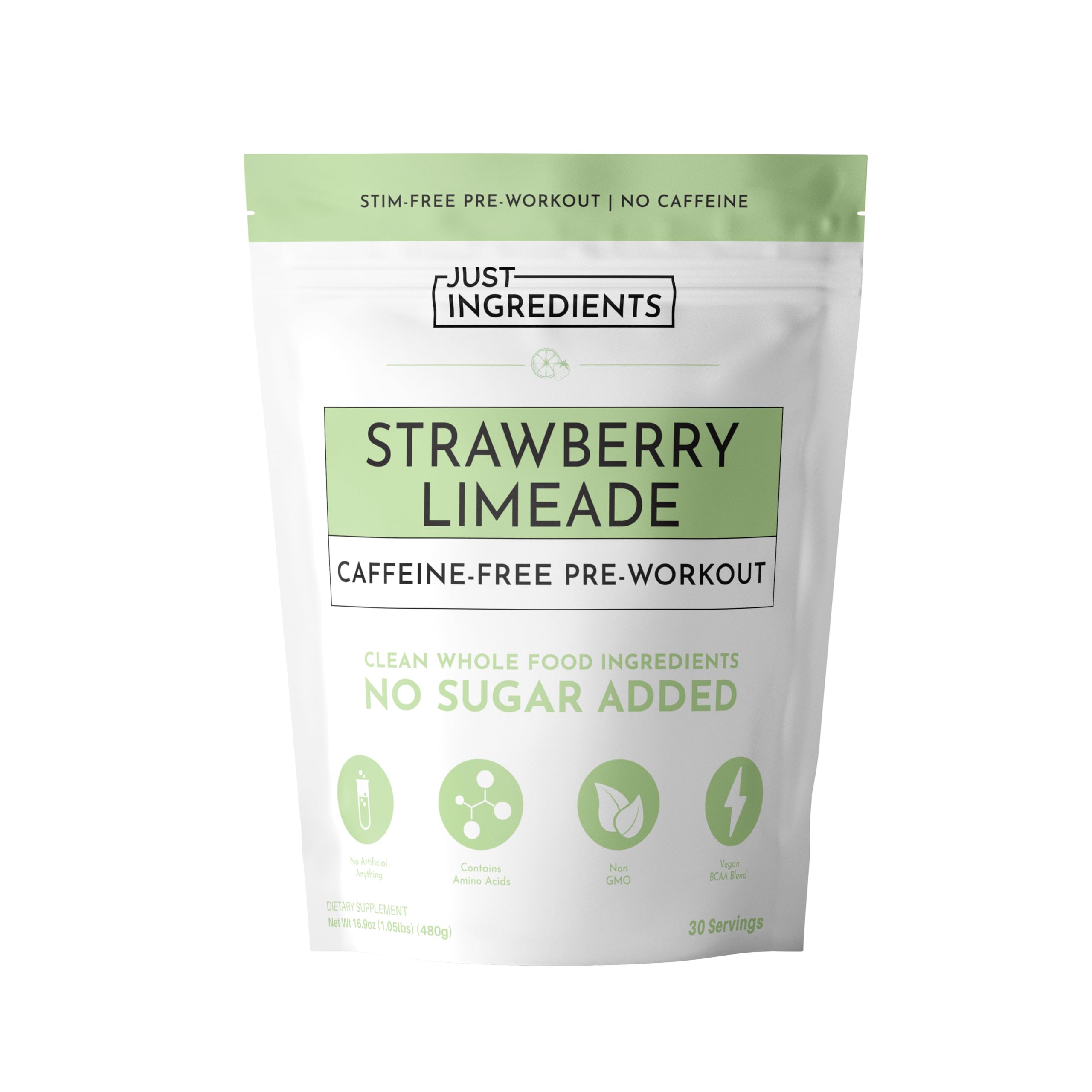 JUST INGREDIENTS Pre-Workout Strawberry Limeade bottle ready to mix for caffeine-free energy