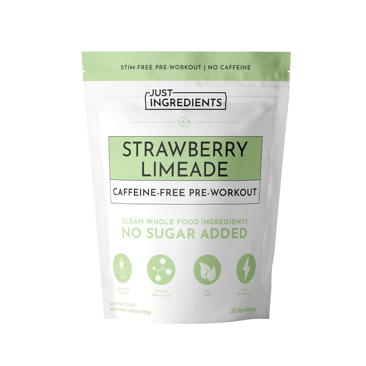 JUST INGREDIENTS Pre-Workout Strawberry Limeade bottle ready to mix for caffeine-free energy