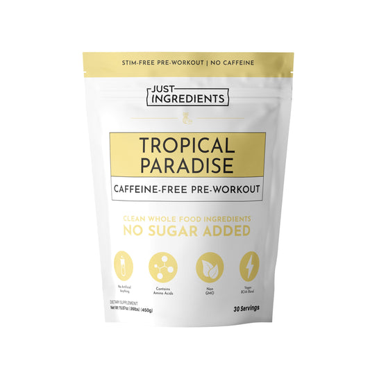 JUST INGREDIENTS Pre-Workout Tropical Paradise bottle shows caffeine-free energy for afternoon workouts
