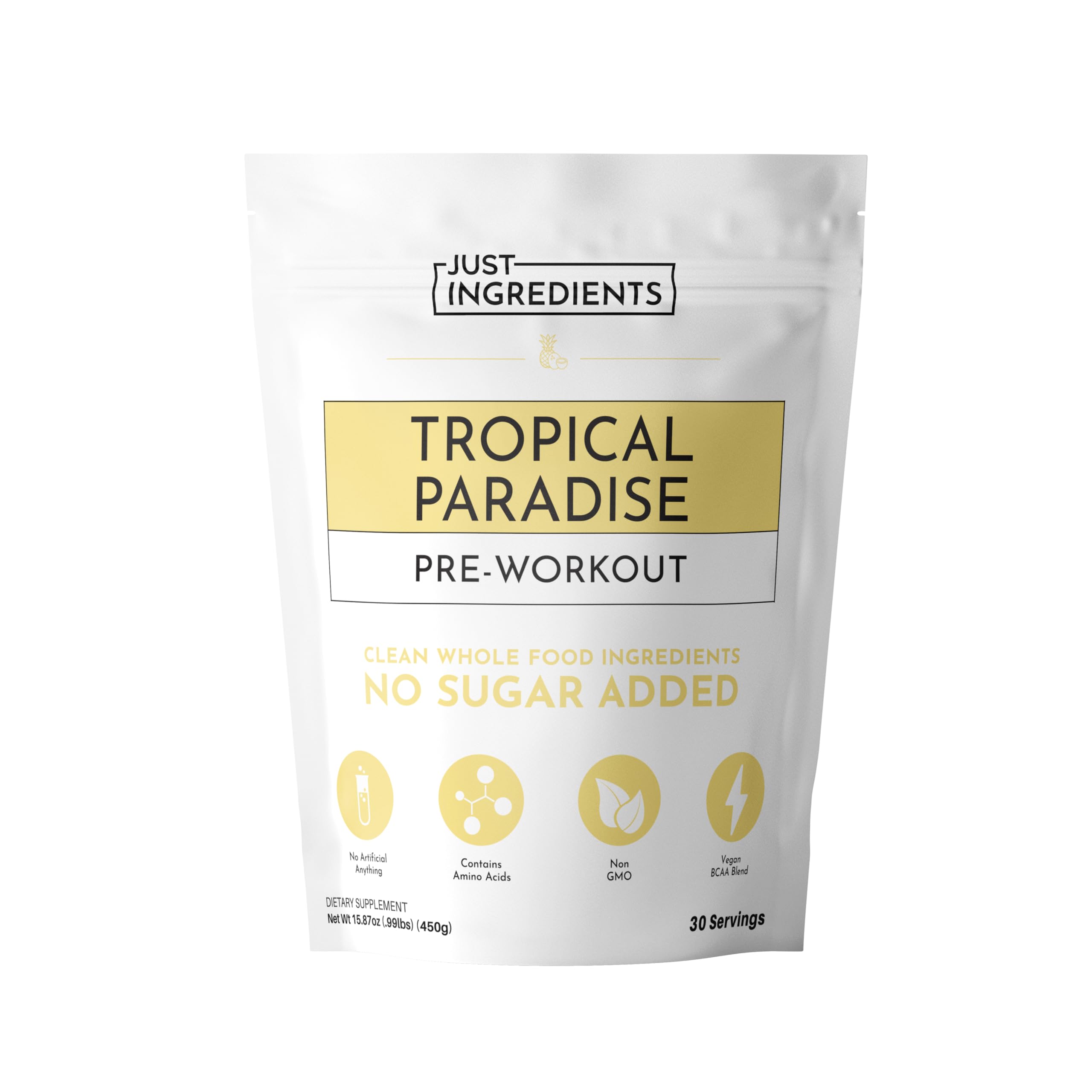 JUST INGREDIENTS Pre-Workout Tropical Paradise bottle ready for an intense workout session.