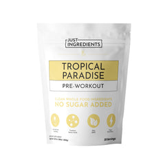 JUST INGREDIENTS Pre-Workout Tropical Paradise bottle ready for an intense workout session.