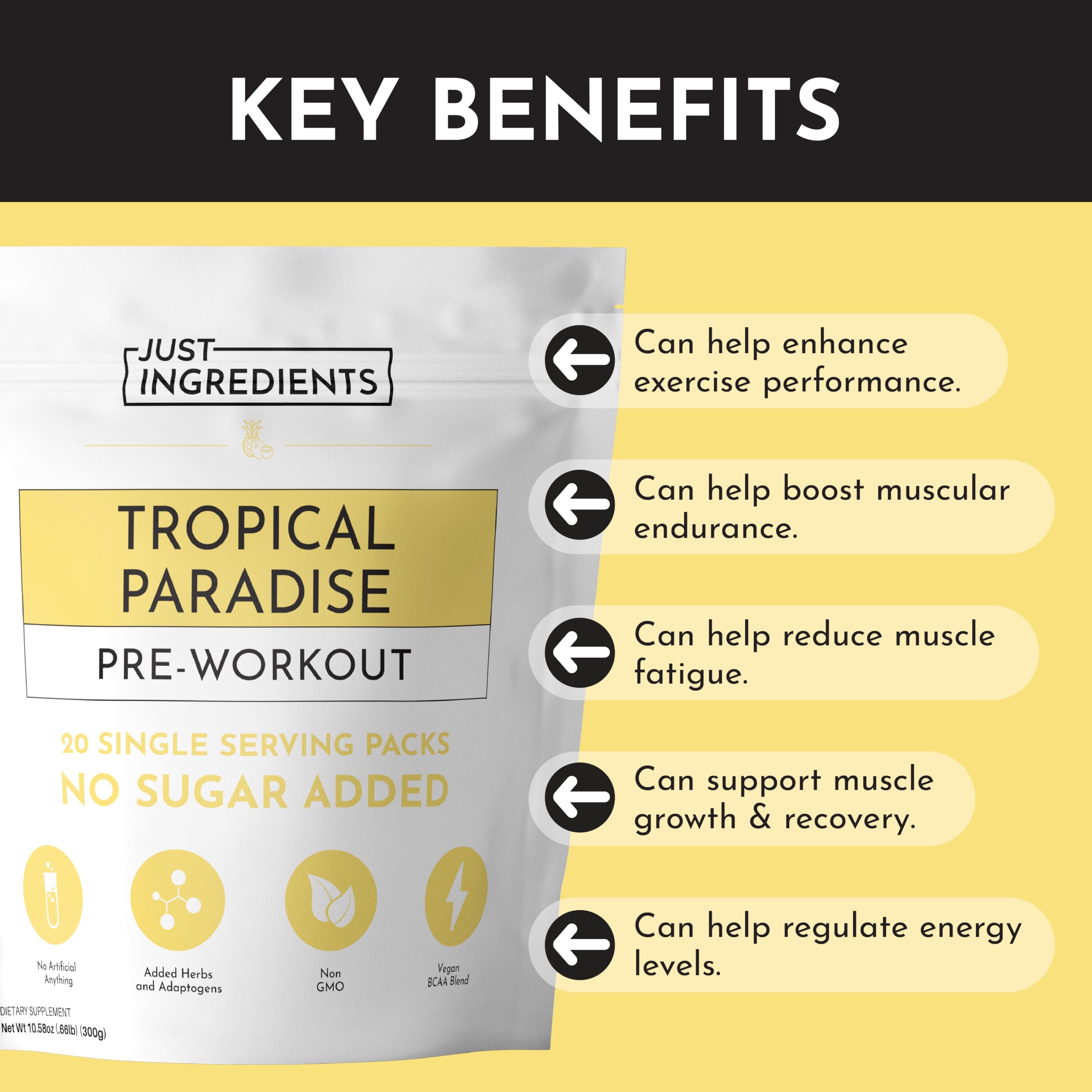 JUST INGREDIENTS Pre-Workout Tropical Paradise label highlights real-food ingredients and caffeine.