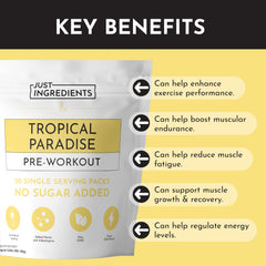 JUST INGREDIENTS Pre-Workout Tropical Paradise label highlights real-food ingredients and caffeine.