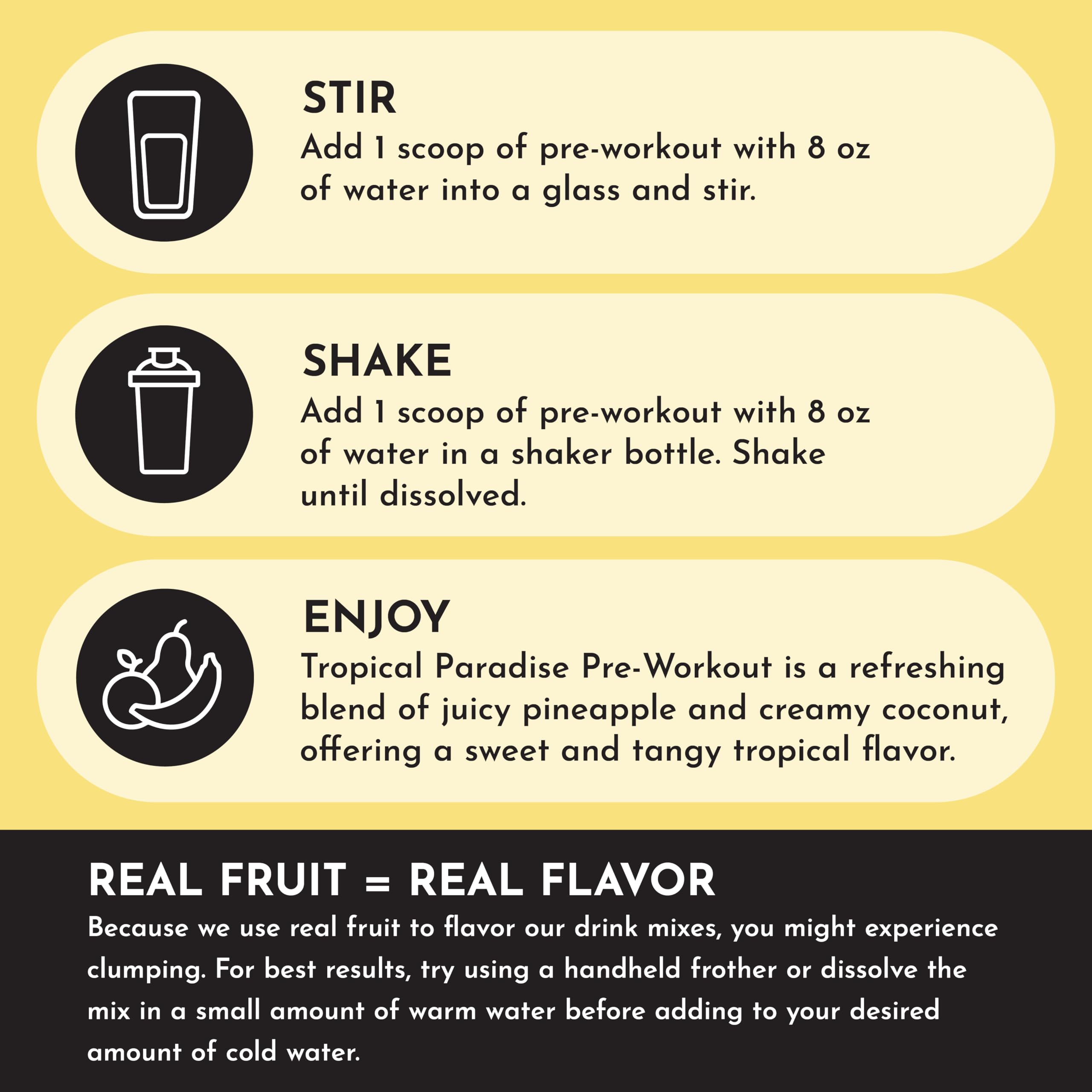 JUST INGREDIENTS Tropical Paradise powder in spoon ready for quick pre-workout ritual