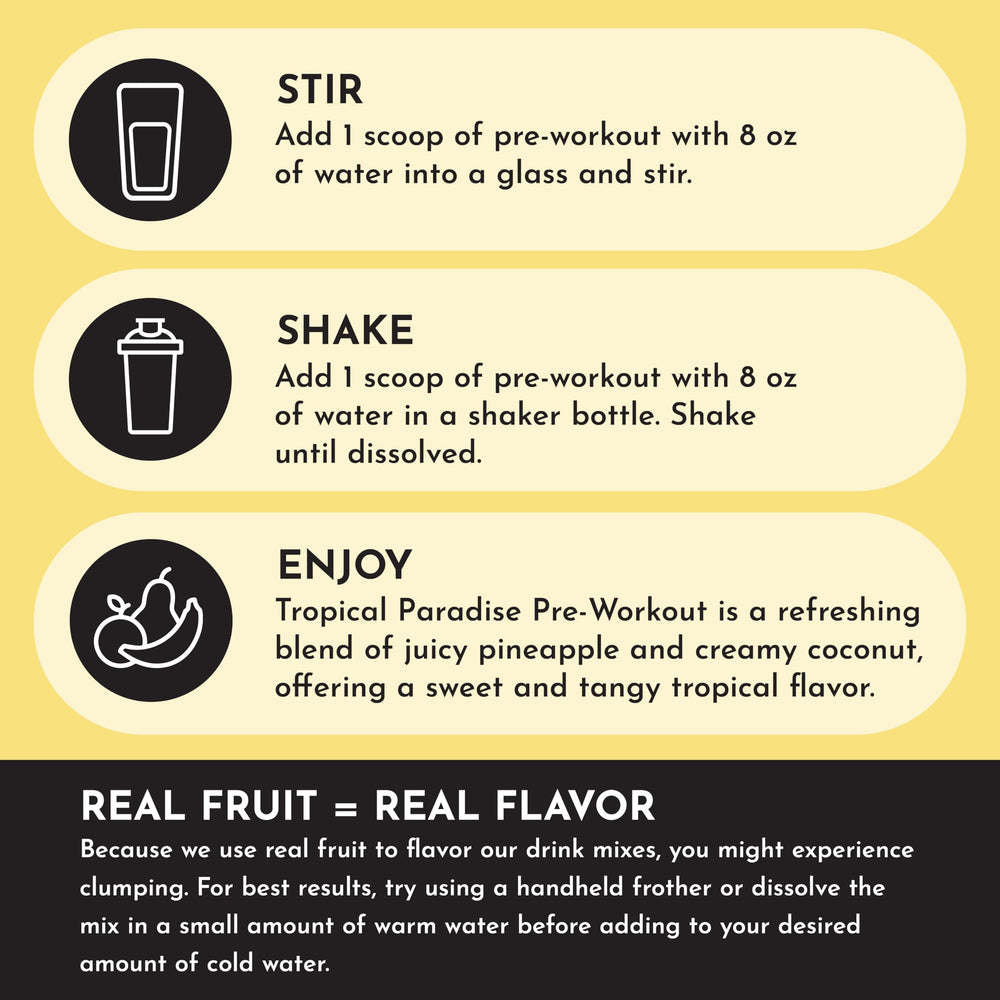 JUST INGREDIENTS Tropical Paradise powder in spoon ready for quick pre-workout ritual