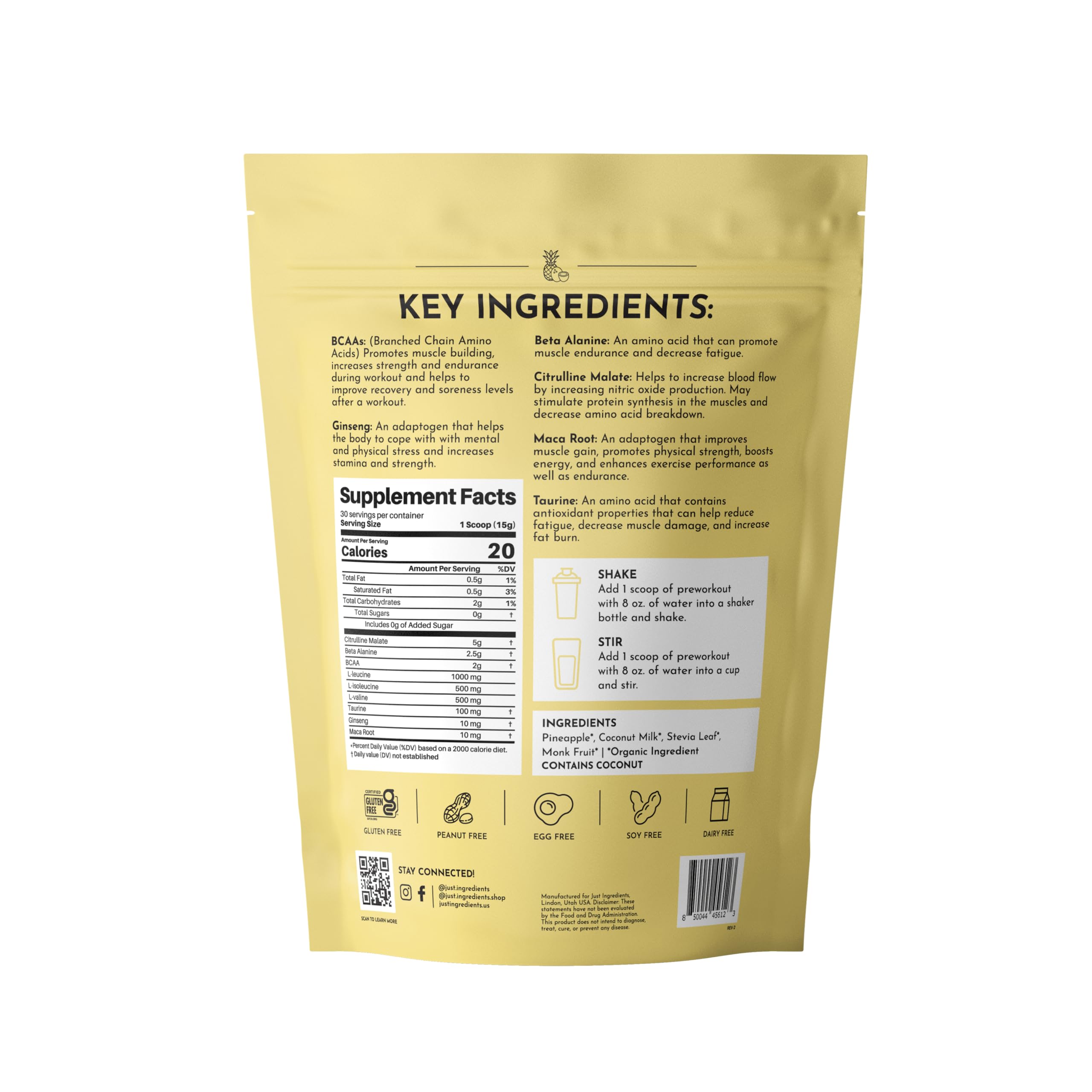 JUST INGREDIENTS Pre-Workout Tropical Paradise powder scoop for easy endurance support
