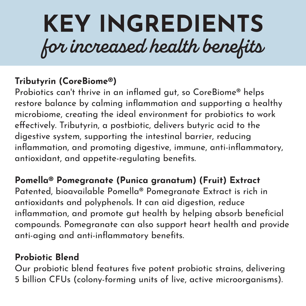 JUST INGREDIENTS Probiotic Complex lifestyle icons show digestive comfort and immune support possibilities.