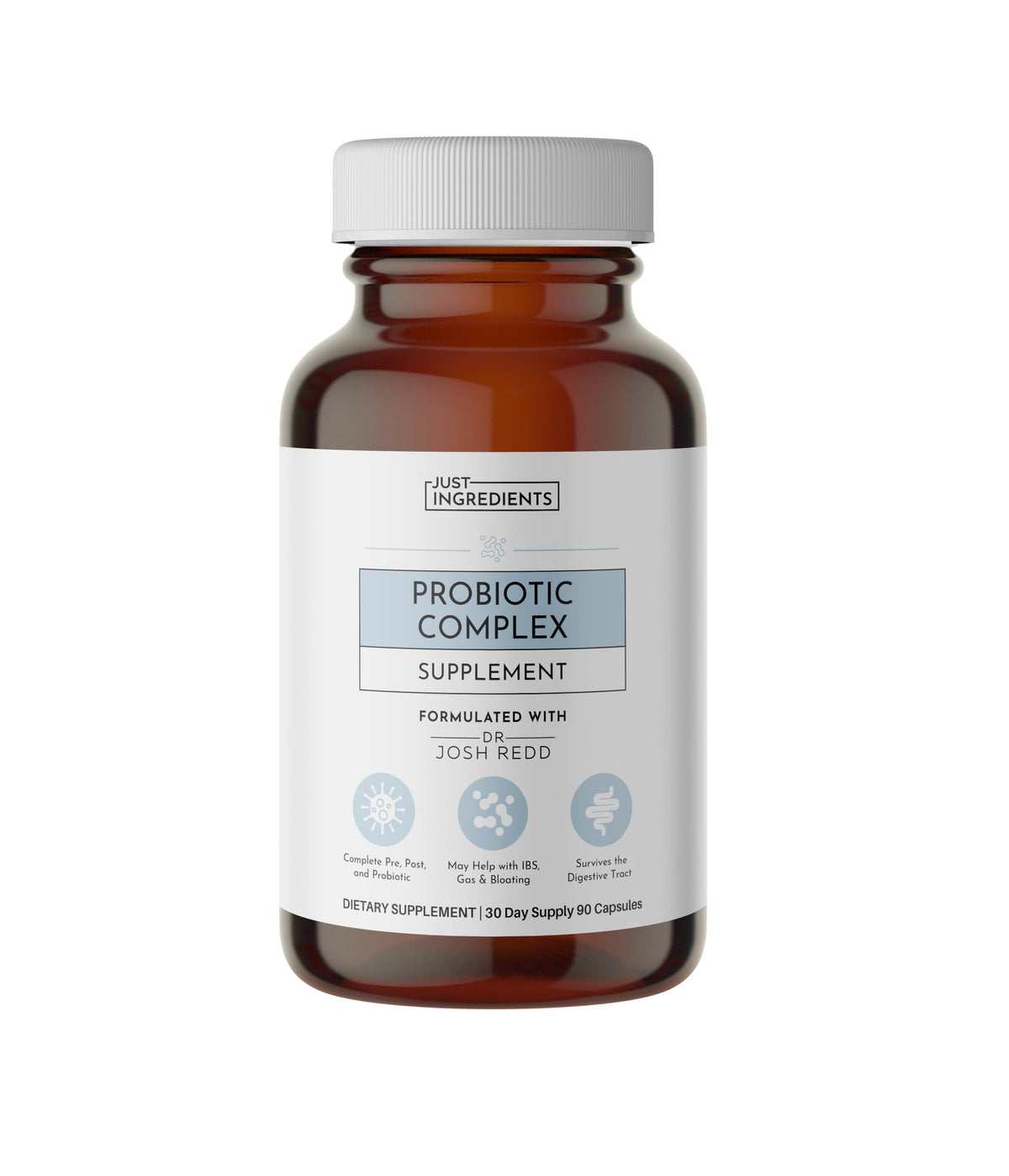 JUST INGREDIENTS Probiotic Complex bottle showcases capsules for daily gut balance and resilience.